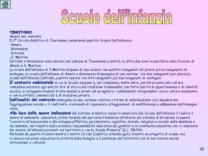 TERRITORIO Analisi del contesto Il 2° Circolo didattico di Taurianova comprende quattro Scuole Dell’infanzia: