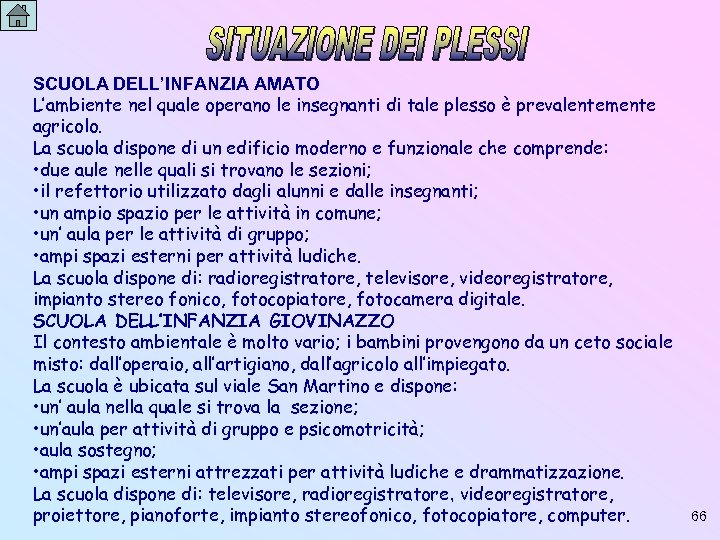 SCUOLA DELL’INFANZIA AMATO L’ambiente nel quale operano le insegnanti di tale plesso è prevalentemente
