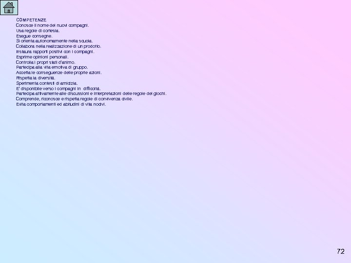 COMPETENZE Conosce il nome dei nuovi compagni. Usa regole di cortesia. Esegue consegne. Si