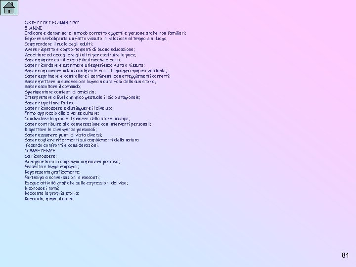 OBIETTIVI FORMATIVI 5 ANNI Indicare e denominare in modo corretto oggetti e persone anche