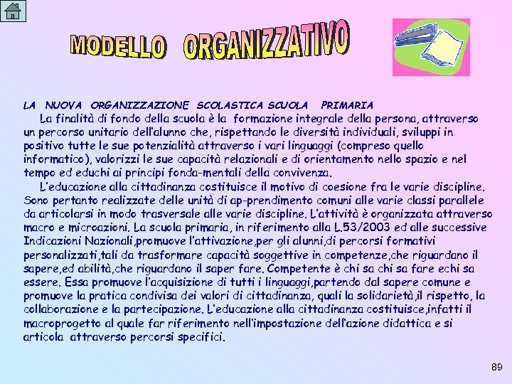LA NUOVA ORGANIZZAZIONE SCOLASTICA SCUOLA PRIMARIA La finalità di fondo della scuola è la