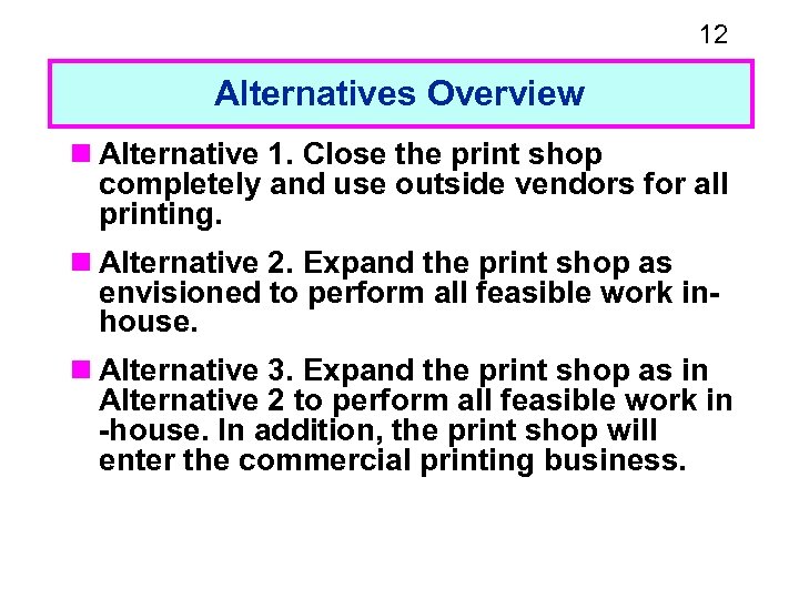 12 Alternatives Overview n Alternative 1. Close the print shop completely and use outside