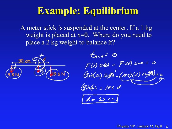 Example: Equilibrium A meter stick is suspended at the center. If a 1 kg