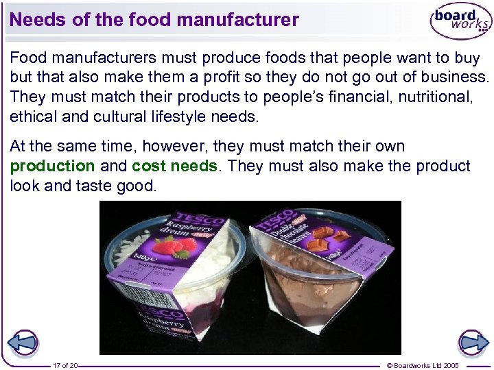 Needs of the food manufacturer Food manufacturers must produce foods that people want to