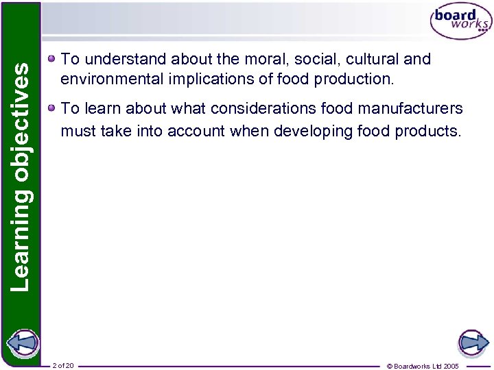 Learning objectives To understand about the moral, social, cultural and environmental implications of food