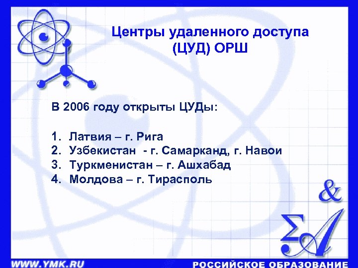 Центры удаленного доступа (ЦУД) ОРШ В 2006 году открыты ЦУДы: 1. 2. 3. 4.