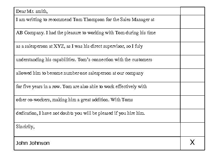 Dear Mr. smith, I am writting to recommend Tom Thompson for the Sales Manager