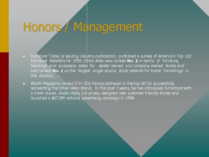 Honors / Management • Furniture Today (a leading industry publication) published a survey of