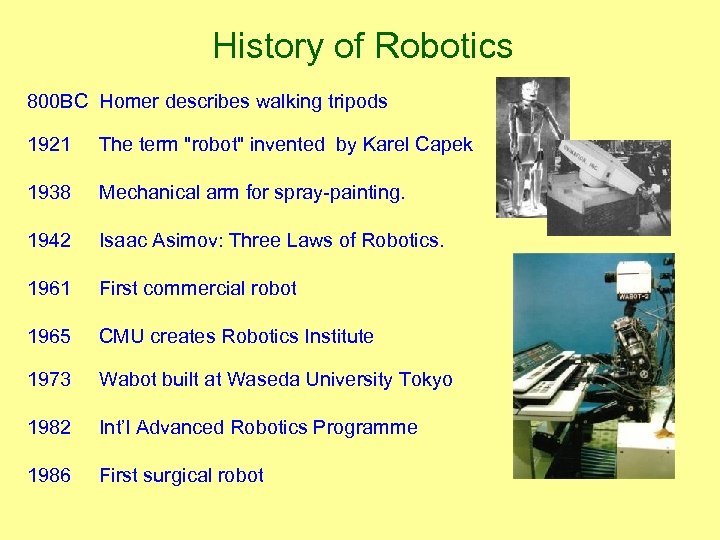 History of Robotics 800 BC Homer describes walking tripods 1921 The term "robot" invented