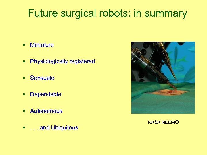 Future surgical robots: in summary § Miniature § Physiologically registered § Sensuate § Dependable