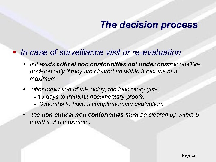 The decision process § In case of surveillance visit or re-evaluation • If it