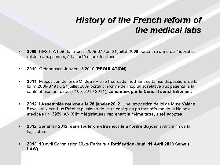 History of the French reform of the medical labs • 2009: HPST: Art 69