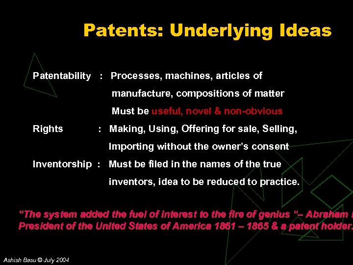 Patents: Underlying Ideas Patentability : Processes, machines, articles of manufacture, compositions of matter Must