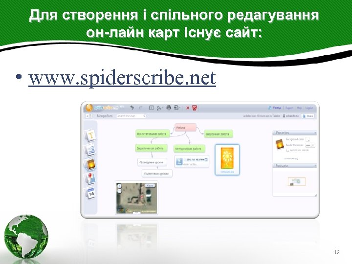 Для створення і спільного редагування он-лайн карт існує сайт: • www. spiderscribe. net 19