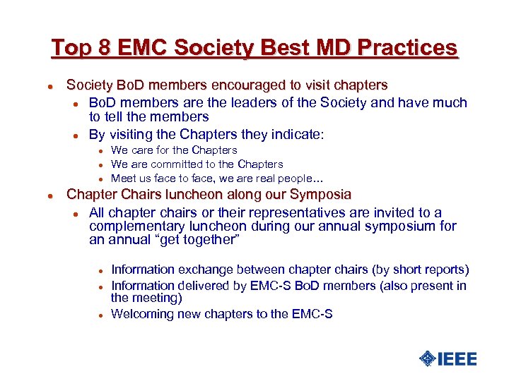 Top 8 EMC Society Best MD Practices l Society Bo. D members encouraged to