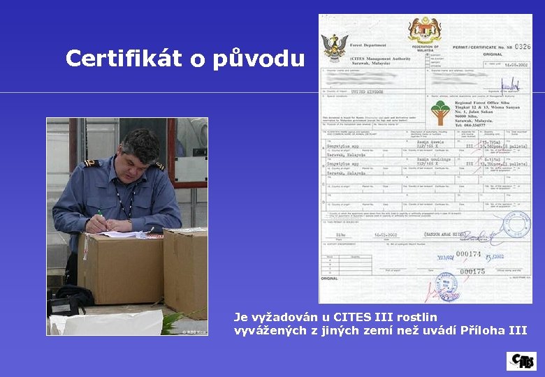 Certifikát o původu Je vyžadován u CITES III rostlin vyvážených z jiných zemí než