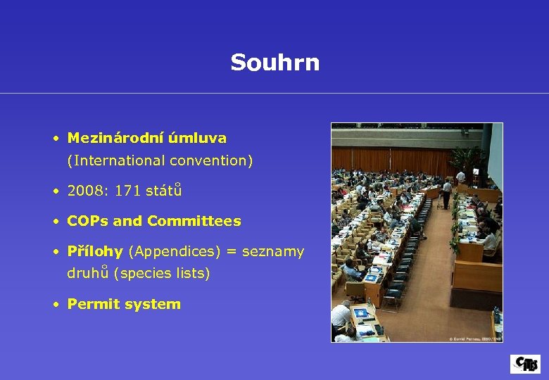 Souhrn • Mezinárodní úmluva (International convention) • 2008: 171 států • COPs and Committees