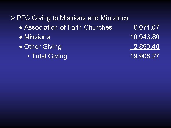 Ø PFC Giving to Missions and Ministries ● Association of Faith Churches 6, 071.