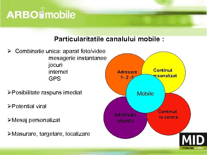 Particularitatile canalului mobile : Ø Combinatie unica: aparat foto/video mesagerie instantanee jocuri internet GPS