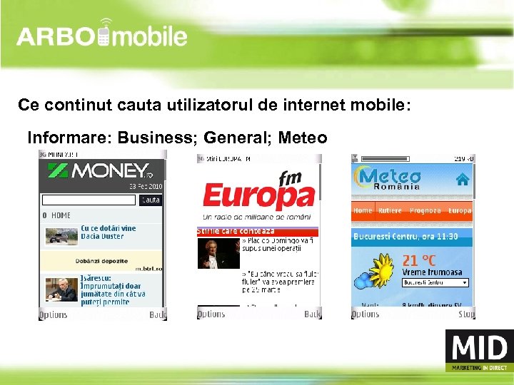Ce continut cauta utilizatorul de internet mobile: Informare: Business; General; Meteo 