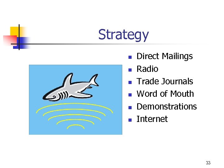 Strategy n n n Direct Mailings Radio Trade Journals Word of Mouth Demonstrations Internet