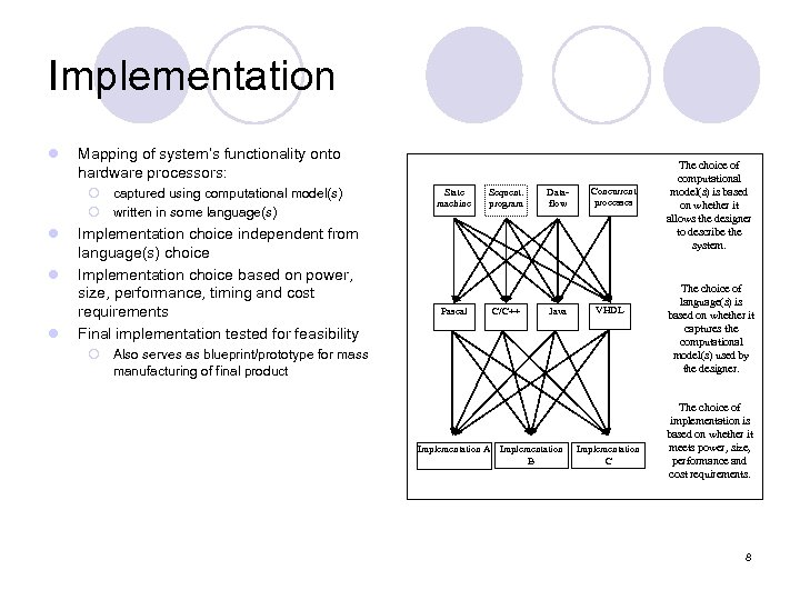 Implementation l Mapping of system’s functionality onto hardware processors: ¡ captured using computational model(s)