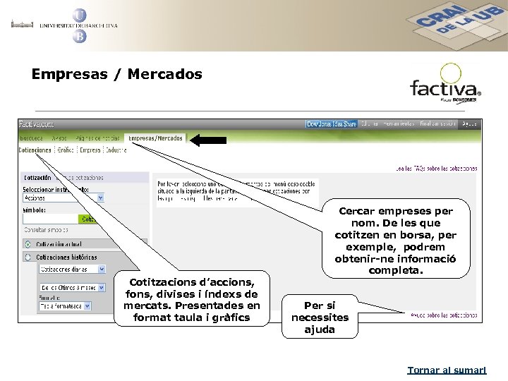 Empresas / Mercados Cotitzacions d’accions, fons, divises i índexs de mercats. Presentades en format