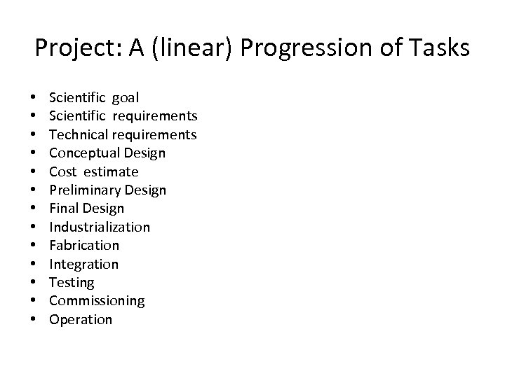 Project: A (linear) Progression of Tasks • • • • Scientific goal Scientific requirements