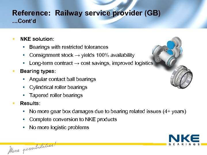 Reference: Railway service provider (GB) …Cont’d § NKE solution: • Bearings with restricted tolerances
