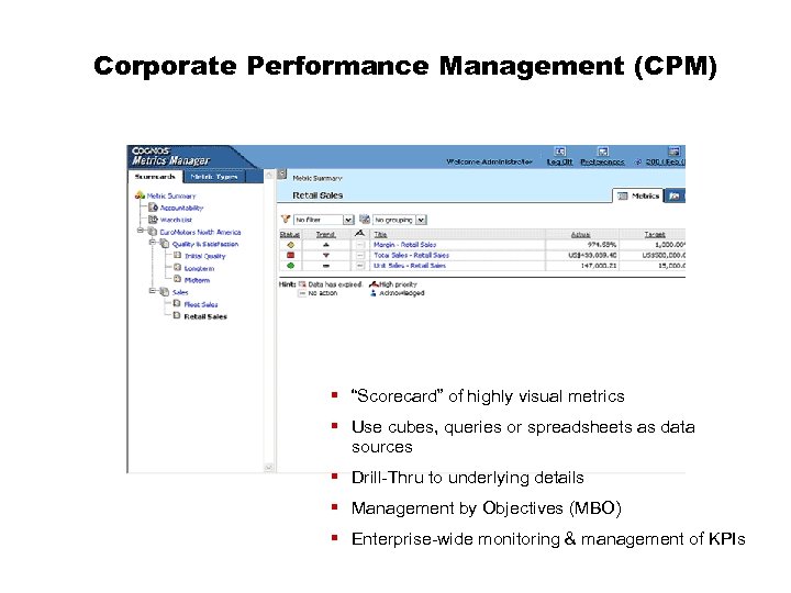 Corporate Performance Management (CPM) § “Scorecard” of highly visual metrics § Use cubes, queries