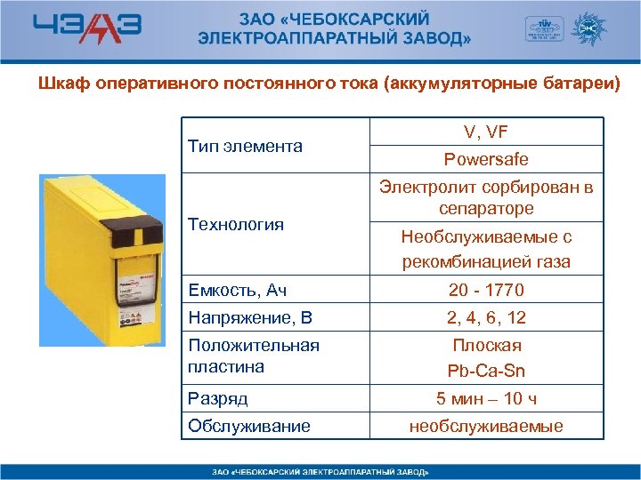 Шкаф оперативного постоянного тока (аккумуляторные батареи) Тип элемента Технология V, VF Powersafe Электролит сорбирован