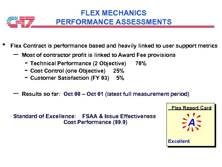 FLEX MECHANICS PERFORMANCE ASSESSMENTS • Flex Contract is performance based and heavily linked to