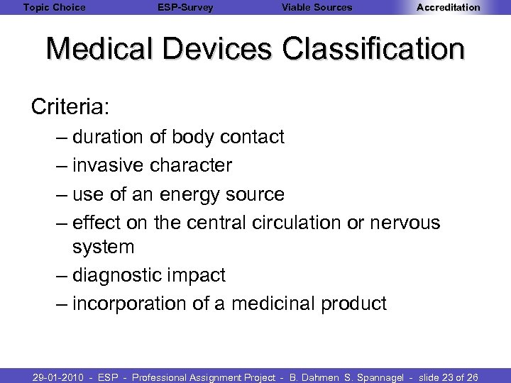 Topic Choice ESP-Survey Viable Sources Accreditation Medical Devices Classification Criteria: – duration of body