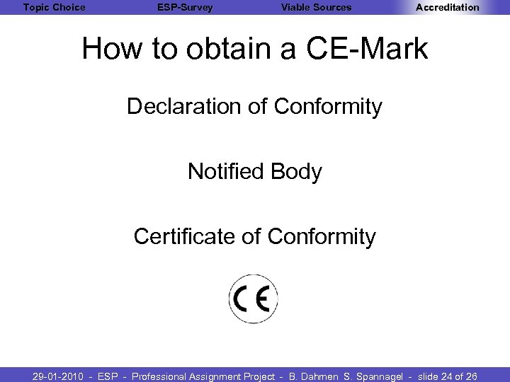 Topic Choice ESP-Survey Viable Sources Accreditation How to obtain a CE-Mark Declaration of Conformity