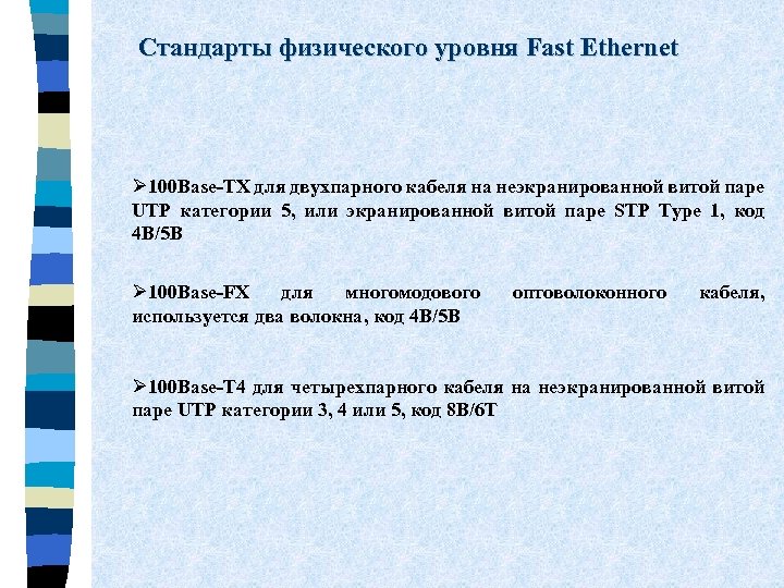 Стандарты физического уровня Fast Ethernet Ø 100 Base-TX для двухпарного кабеля на неэкранированной витой