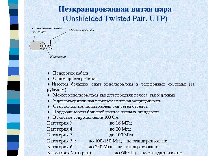 Неэкранированная витая пара (Unshielded Twisted Pair, UTP) ¨ Недорогой кабель ¨ С ним просто