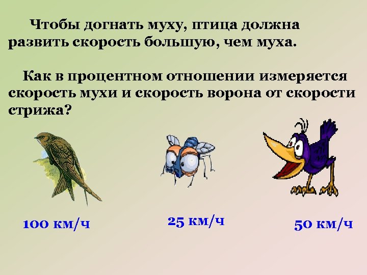 Чтобы догнать муху, птица должна развить скорость большую, чем муха. Как в процентном отношении