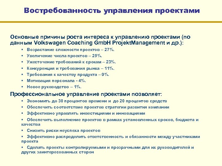 Востребованность управления проектами Основные причины роста интереса к управлению проектами (по данным Volkswagen Coaching