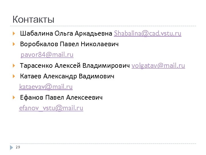 Контакты Шабалина Ольга Аркадьевна Shabalina@cad. vstu. ru Воробкалов Павел Николаевич pavor 84@mail. ru Тарасенко