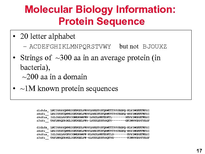 Molecular Biology Information: Protein Sequence • 20 letter alphabet – ACDEFGHIKLMNPQRSTVWY but not BJOUXZ