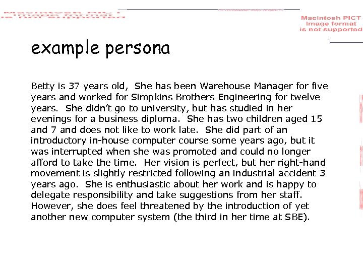 example persona Betty is 37 years old, She has been Warehouse Manager for five