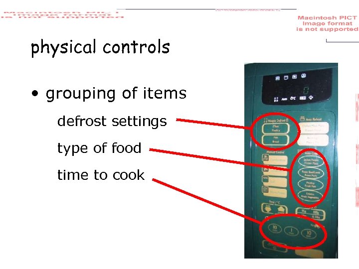 physical controls • grouping of items – defrostsettings defrost settings – typeof food type
