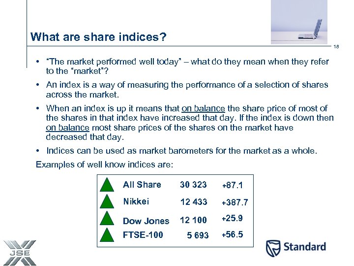 What are share indices? 18 • “The market performed well today” – what do