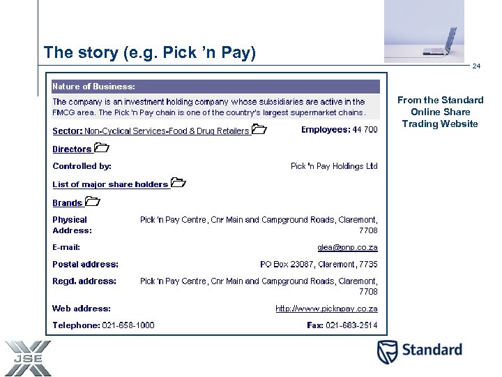 The story (e. g. Pick ’n Pay) 24 From the Standard Online Share Trading