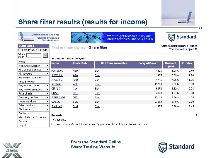 Share filter results (results for income) 31 From the Standard Online Share Trading Website