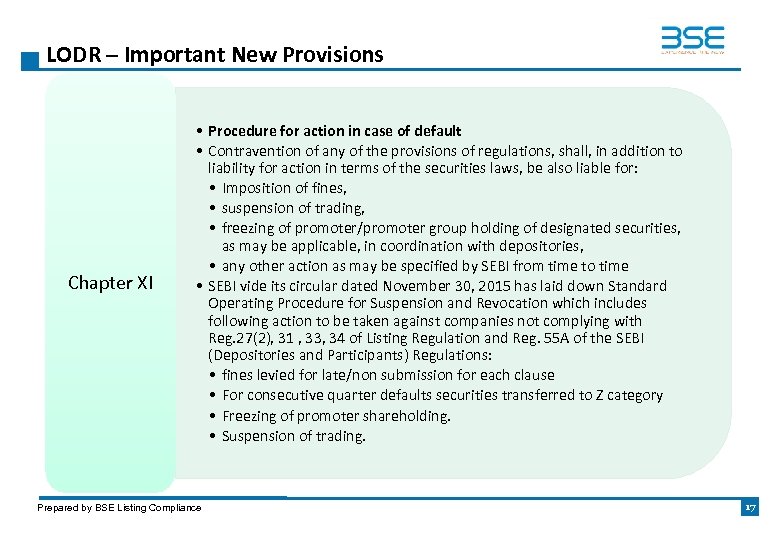 LODR – Important New Provisions Chapter XI • Procedure for action in case of