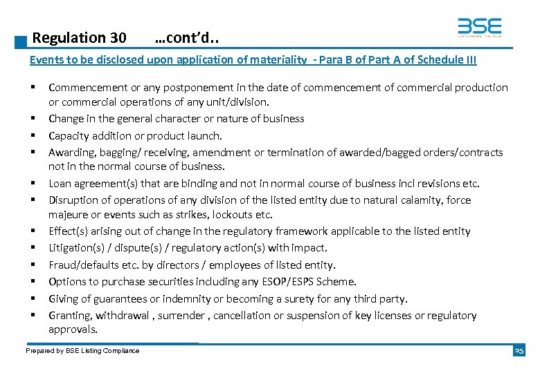 Regulation 30 …cont’d. . Events to be disclosed upon application of materiality - Para