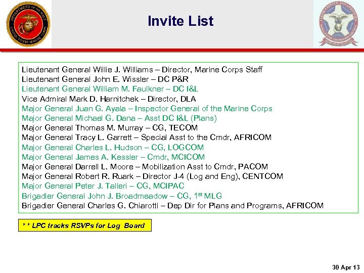 Invite List Lieutenant General Willie J. Williams – Director, Marine Corps Staff Lieutenant General