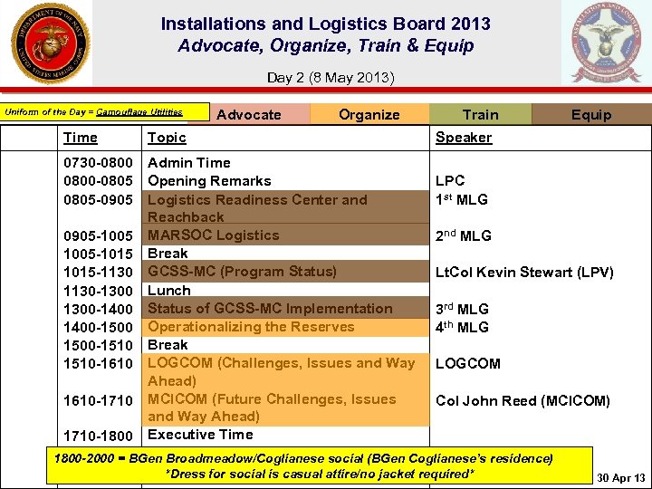 Installations and Logistics Board 2013 Advocate, Organize, Train & Equip Day 2 (8 May