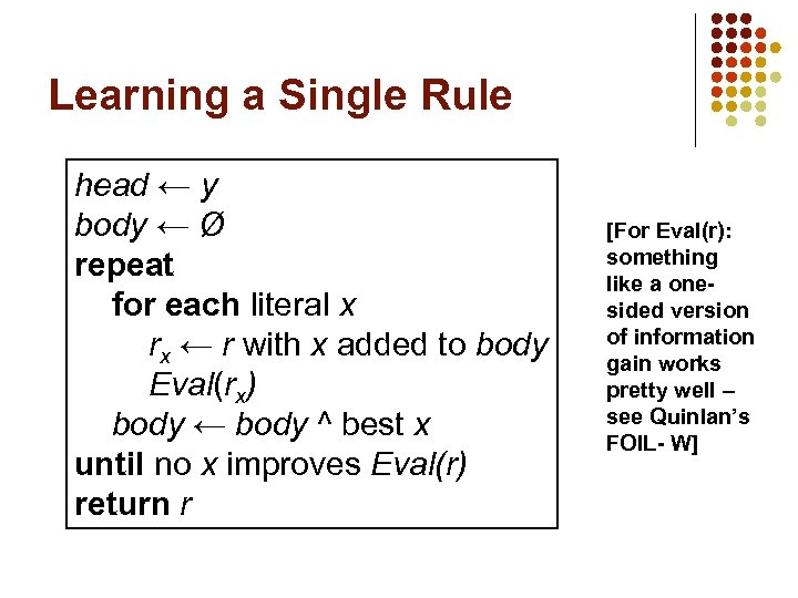 Learning a Single Rule head ← y body ← Ø repeat for each literal